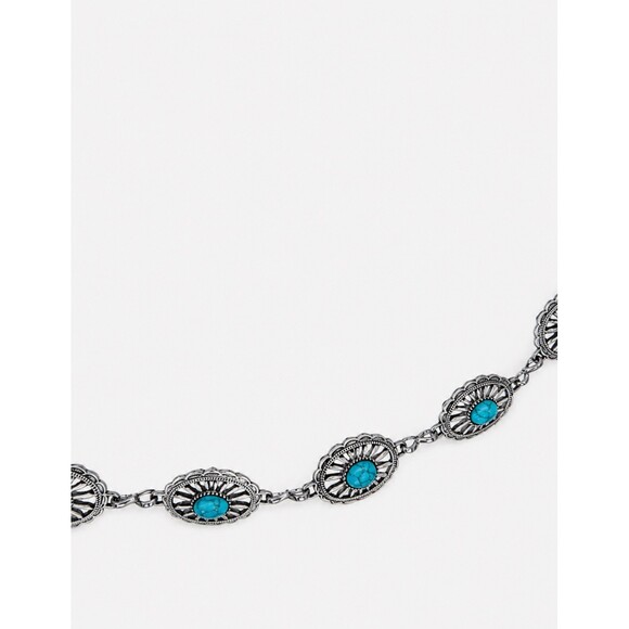 Vintage Womens Concho Chain Belt Silver Turquoise Filigree Western Boho XL main image 4